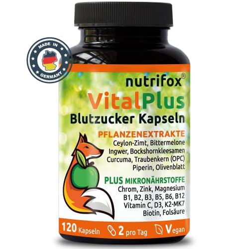 Nutrifox® - 120 Blutzucker Kapseln* Vital Plus (Ceylon-Zimt, Chrom, Zink, OPC, Bittermelone, Bockshornkleesamen, Kurkuma, Ingwer, Vitamin B-Komplex, usw.) 2 Monate, von Beratern für Diabetes