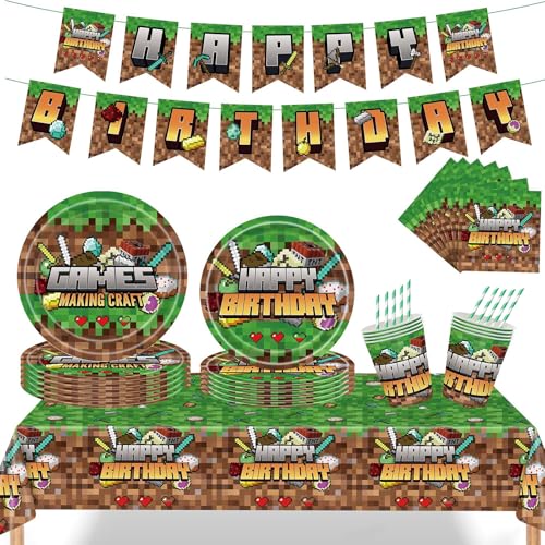 Miner Partygeschirr Geburtstag, 62 Pcs Spiel PartyGeschirr Geburtstagsdeko, Pappteller Serviette Becher Tischdecke für Jungen Kindergeburtstag Party Supplies, Videospiele Kindergeburtstag Tischdeko