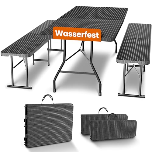 NewHabitat I Kunststoff Bierzeltgarnitur Klappbar I 3er Set, Tisch + 2 x Bank mit Tragegriffe, Biertischgarnitur, Festzeltgarnitur, Bierbank klappbar, HxBxT: 75x180x75 cm (Schwarz)