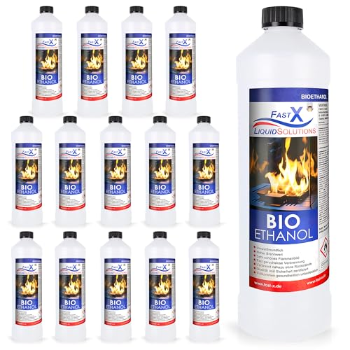 Fast X Bio Ethanol 15x1L - 100% Natürlich, für Ethanol-kamine & Tischkamine. Umweltfreundlich & geruchsfrei, sicher für Raum- & Gartenfeuer mit rückstandsloser Verbrennung