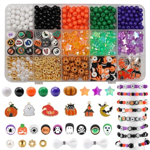 Halloween Perlen für Armband Making Kit, Orange Schwarz Runde Perlen Kürbis Stern Gold Perlen Perlen Set mit Hexenhut Geist Charms Anhänger für Schmuck machen, DIY Handwerk Kunst Halloween Geschenke