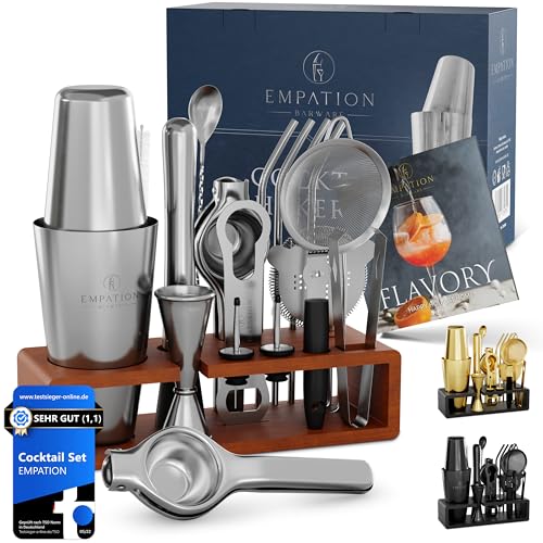 EMPATION Cocktail Set [TESTSIEGER] 825ml Boston Cocktail Shaker aus Edelstahl, leicht zu öffnen & kein Verklemmen, Profi Cocktail Shaker Set mit Ständer & Rezeptbuch, Cocktail Mix Set für Barkeeper