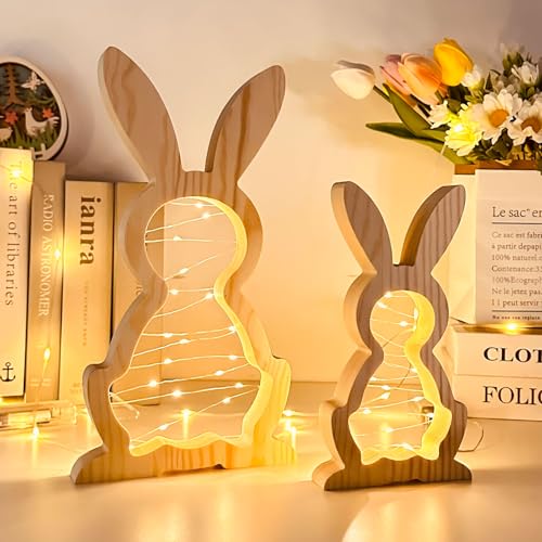 2 Stück Osterdeko Hasen mit LED Lichter/Timing-Funktion, Osterhase aus Holz Stehend, Ostern Deko Hasen Figuren aus Holz, LED Osterhasen Deko Figuren, Oster Deko Hase für Frühlingsdeko (Holzfarbe)