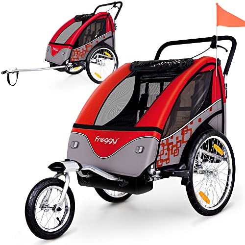 FROGGY Kinder Fahrradanhänger 360° Drehbar mit Federung - 2in1 Joggerfunktion, 5-Punkt Sicherheitsgurt, Jogger Fahrrad Kinderanhänger für 1 bis 2 Kinder max. 40kg, Cherry Rot