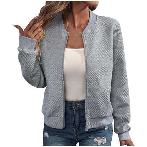 Generisch Damen Bomberjacke Blouson Pilotenjacke Leichte Jacke Langarm Fliegerjacke Full Zip Outwear Mäntel Solid Outdoorjacke Übergangsjacke für Frauen Prime Grau XXL