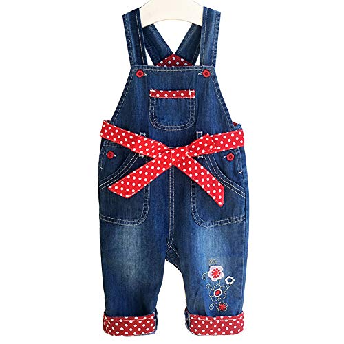 Peacolate 3M-3Jahre Säugling Baby Mädchen Denim Overall Bestickter Latzhose Jeanshose mit Rotem Gürtel(18-24m, Rot)