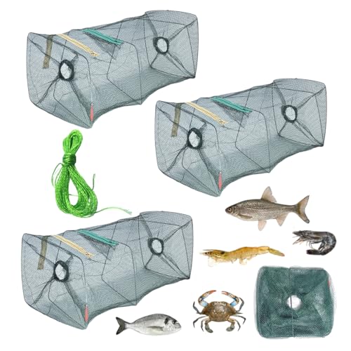 MINZHI3Stk Krabben Fisch Trap,Automatische Nylon Fischernetz,Faltbare Fischfalle,Netz Fischreuse,Geeignet zum Angeln kleiner und mittelgroßer Fische wie Garnelen, Krabben, Hummer, Krabben oder Karpfen