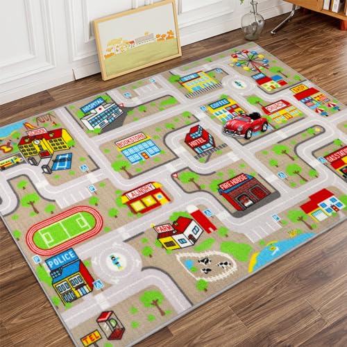 Capslpad Kinder Auto Spielteppich 100x160cm rutschfest Stadtlebenskarte Teppich Spielmatte Waschbare Stadt Straßenmatte Straße Lernen Bildungsbereich Teppich für Kinder Schlafzimmer Spielzimmer Dekor