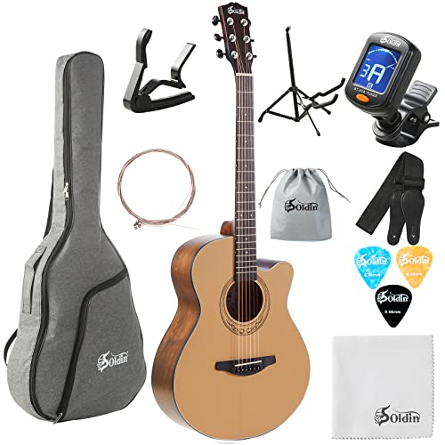 Soldin 40 Zoll Akustikgitarre Premium Massive Fichtendecke Cutway Acustica Guitarra Bundle Kit mit Gigbag,Gitarrenständer,Stimmgerät,Gurt,Kapodaster,Saiten,Reinigungstuch und Plektren (Natur)