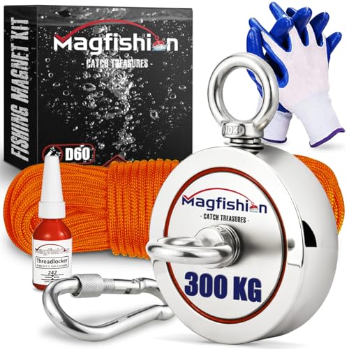 Magfishion - Magnetfischen Set – 300 kg - Ø60mm - Neodym Magnet - Perfekt zum Magnet Fischen - Mit Dunkelorange Seil (20M) & Handschuhe – Ösenmagnet - Magnetangeln