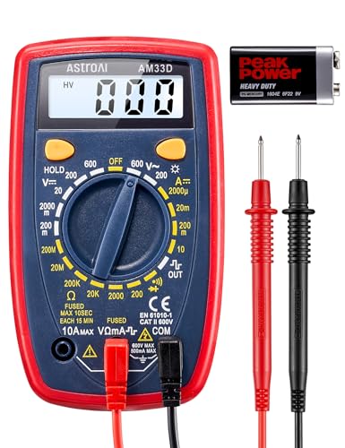 AstroAI Digital Multimeter mit Ohm Volt Ampere Spannung Tester Messung von AC/DC Spannung, DC Strom, Widerstand, Diode, Kontinuität Messinstrument mit Hintergrundbeleuchtung, Tiefrot