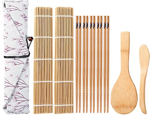 ZITFRI Sushi Maker Set für Anfänger, Sushi Selbst Machen Set inkl. 2 Sushi Rollmatte 1 Reisstreuer 1 Paddy Paddel 5 Paar Stäbchen 1 Beutel - 10 Teilen Bambus Sushi Matte Set