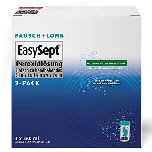 Bausch + Lomb EasySept Peroxidlösung Kontaktlinsenreiniger für weiche Kontaktlinsen, konservierungstofffrei, mit Behälter, 3 x 360 ml