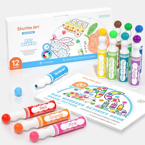 Dot Markers, Shuttle Art Waschbare Punktmarker, 12 farbige Bingomarker (Bingo Dabbers), mit 30 einzigartigen Mustern von Dot Book für Kinder-Kunstaktivitäten, Ungiftige Tinte auf Wasserbasis