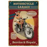 SUPERDANT Motorrad Garage Open 24/7 Metallschild Mädchen Auf Dem Motorrad Vintage Deko Blechschild Lustige Metall Blechschilder Retro Deko Für Motorradwerkstatt Geschäft Raumdekoration
