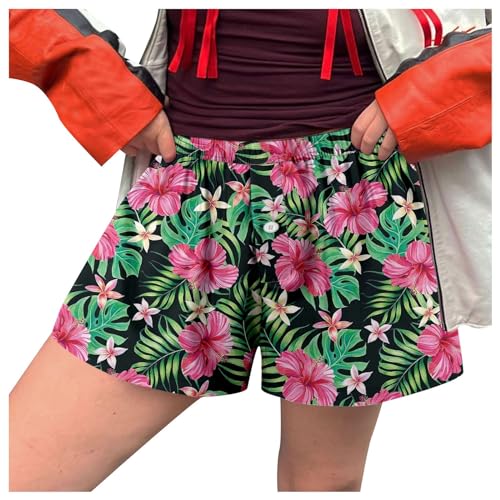 Sommer Hosen Damen Locker Kurz für Mollige Damen-Shorts, niedlich, weich, elastisch, niedrige Taille, Kariertes Muster, Knopfleiste vorne, Pyjamahose, Boxershorts, Nachtwäsche Damen (Green, S)