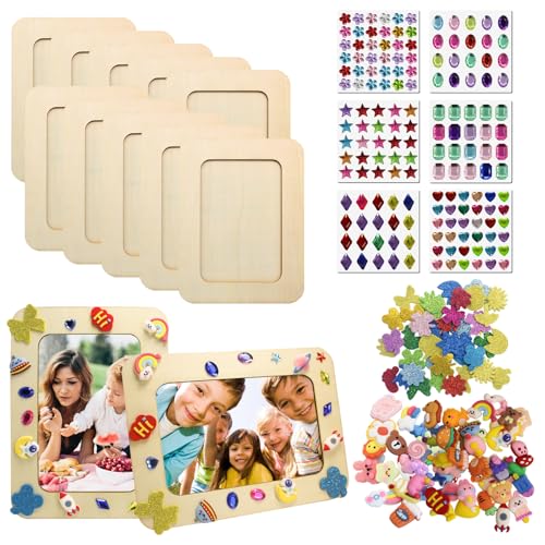 MoguGo 10 Stück Bilderrahmen Set Holzbilderrahmen Bilderrahmen mit Glitzersteine Selbstklebend Moosgummi Sticker 3D Aufkleber DIY Bilderrahmen zum Bemale für Jubiläen Geburtstage Muttertag