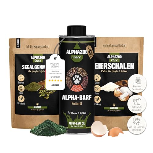 alphazoo Barf Complete Kombi für Hunde & Katzen I Alpha Barf-Öl, Eierschale & Seealgen-Mehl I Perfekt zum Barfen, mit Omega 3, Kalzium und bei Schilddrüsenunterfunktion I Barf-Futter