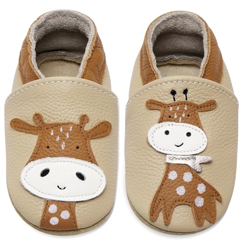 IceUnicorn Krabbelschuhe Baby Jungen Mädchen Lauflernschuhe Baby Weicher Leder Babyhausschuhe Kleinkind Babyschuhe(Beige AB Giraffe, 12-18 Monate)