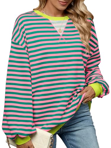 EDOTON Damen Sweatshirt Ovewrsized Einfarbig Langarmshirts Gestreift Farbblock Oberteile Y2K Rundhals Lässig Tops (B rosa grün,L)