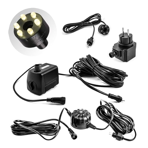 CLGarden Springbrunnenpumpe Set 500l/h mit LED-Beleuchtung warmweiß und Lichtsensor für automatisches Einschalten bei Dämmerung, 12V