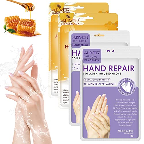 Handmaske 4 Paar Handpflege Handschuhe Feuchtigkeitsspendende mit Honig & Milch Handpflege Lavendel für Trockene Alternde Rissige Hände für Frauen und Männer