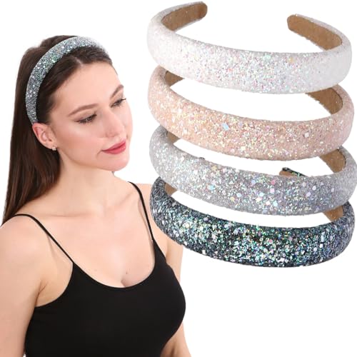 4 PCS Glitter Pailletten Funkelnde harte Stirnbänder für Kinder 1.1-Inch breite gepolsterte Haarbänder für Mädchen und Frauen (Glitter（Black + gray + beige + white）)