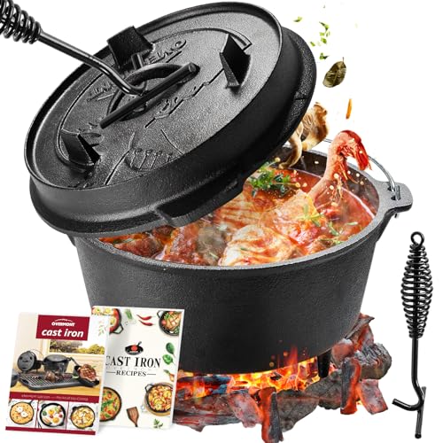 OVERMONT Dutch Oven Gusseisen Topf - Eingebrannter Feuertopf mit Füßen 2in1 Deckel Rezeptbuch und Deckelheber - für Abenteuer Garten Lagerfeuer Camping Größe L