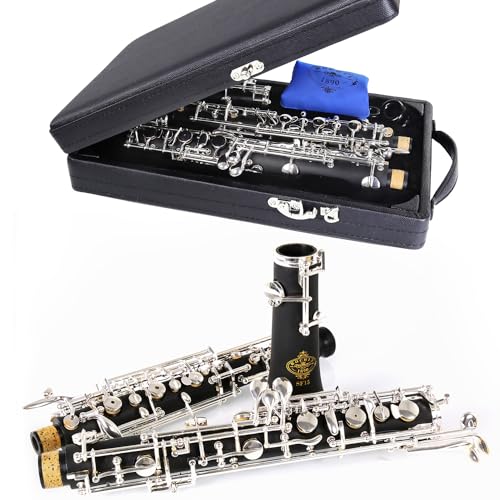 Rochix Oboe Anfänger Student Level SF15 Composite Wood Body versilbert, vollautomatischer C-Ton mit 2 Blättern, 1 Reinigungstuch, 1 Oboe-Tupfer, 1 Daumenauflage, 1 Etui und mehr