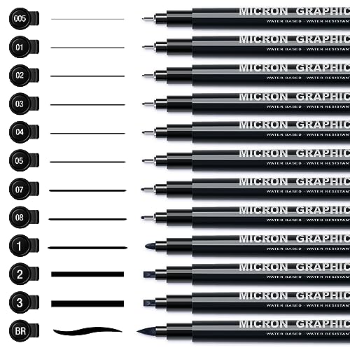 AKARUED Fineliner Schwarz Stifte, 12 Stück Fineliner Set Schwarz, Wasserfest Tuschestifte zum Skizzieren, Permanent Pigment Liner zum Bullet Journal Künstler Illustration, Tchnische Zeichnung