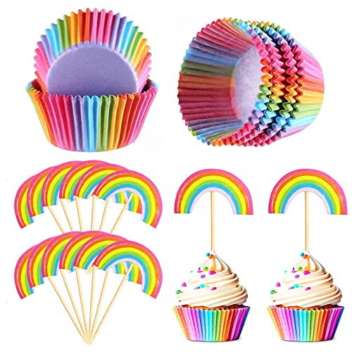 qingmeng Muffinförmchen Papier, 100 Stück Muffins Papierförmchen, 12 Stück Regenbogen Deko Form Cupcake Topper, muffin förmchen papier für Kindergeburtstag Baby Shower Party Dessert Hochzeit