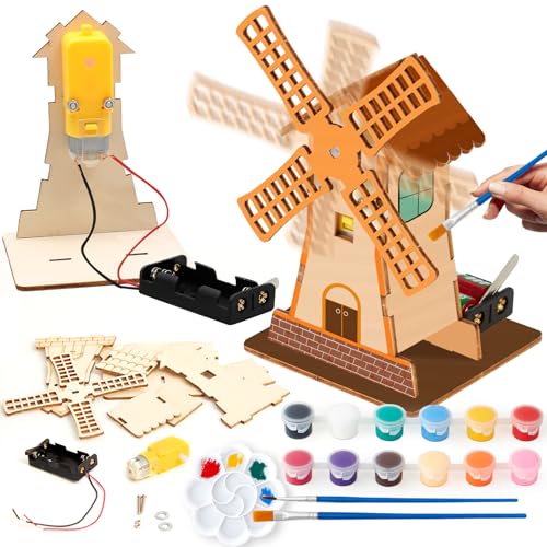 Tacobear Elektronik Bausatz Experimente für Kinder ab 6 Windmühle zum Bemalen Physik Spielzeug 3D Puzzle Holz Modellbausatz Lernspielzeug Kleine Geschenke für Kinder Jungen Mädchen 6 7 8 9 10 11 12+