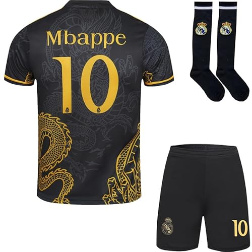 YATLASA R. Madrid #10 Mbappe Kinder Trikot Fußball Spezielle Golddrachen-Edition, Shorts und Socken Jugendgrößen (Schwarz, 30 (12-13 Jahre))