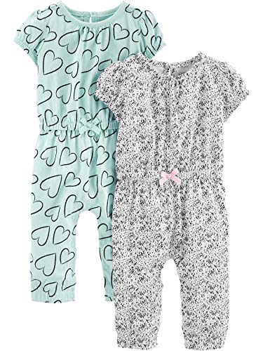 Simple Joys by Carter's Baby Mädchen 2-Pack Fashion Jumpsuits Overall, Minzgrün Herzen/Weiß Punkte, 12 Monate (2er Pack)