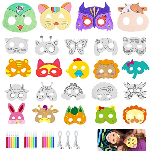 24 Masken für Kinder Tiermasken Blanko Bemalen Masken mit Bungee-Strings und 18 Farbigen Aquarell-Pinsel, zum selbst Bemalen und Gestalten, für Kinder Mädchen Junge Kindergeburtstage Cosplay