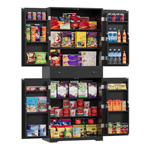 VOWNER Küchenschrank, Küchenbuffet Buffetschrank mit 12 Türregalen, Hochschrank mit Schränken, mit Verstellbaren Ablagen, Esszimmerschrank mit Schubladen, MDF, Spanplatte, 183 x 76 x 40 cm (Schwarz)