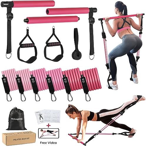 ALongSong Fitnessbänder Pilates Bar Set mit 6 Widerstandsbänder 20/30/40lbs oder 30/40/50lbs, Resistance Bands Verstellbare und Abnehmbare, Pilates-Stange, Griffe, Türanker