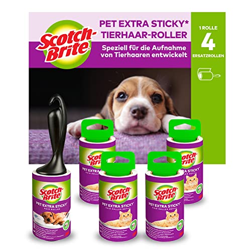 Scotch-Brite Pet Extra Sticky Fusselrolle für Tierhaare, 48 Blatt, 5 Rollen mit 1 Abroller, 240 Blatt pro Packung - Extra Klebrige Fusselrolle für Kleidung, Haare, Katzenhaare, Hundehaare