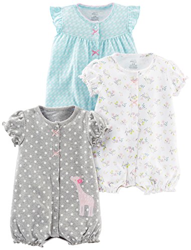 Simple Joys by Carter's Baby Mädchen 3-Pack Snap-up Rompers Strampler, Blau Schwan/Grau Punkte/Weiß Floral, 12 Monate (3er Pack)