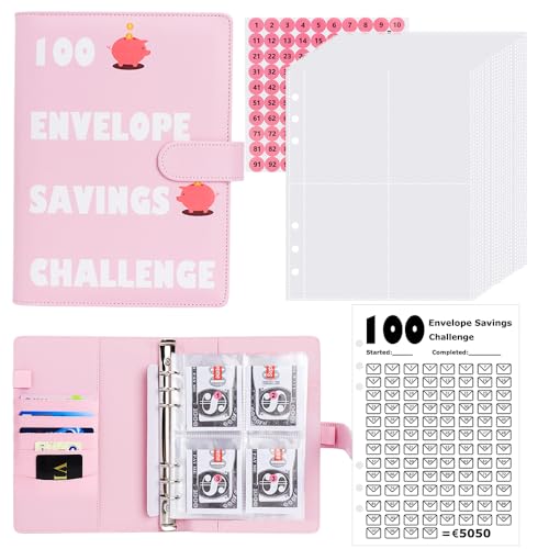 100 envelope challenge binder,Geld Sparen Challenge,Budget planer Deutsch Challenges Sparen 5,050€, A5 Sparbuch,25 Innenseiten mit vier Rahmen,Spar Challenge Für Budget Planer(Rosa)