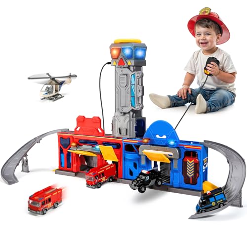 lerrbo Polizei & Feuerwehrstation Transform Track Sets für Jungen 3-6, klappbares Großstadt Action Playset mit Licht & Sounds