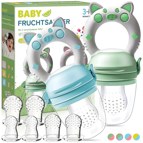 Fruchtsauger Baby ab 3 Monate- 2 Stück Zahnungshilfe + 6 Ersatz-Sauger in 3 Größen, Hygienischem Silikon, Sicher & BPA-frei, Beikost Baby Zubehör Sachen für Obst, Gemüse, Brei Beikost
