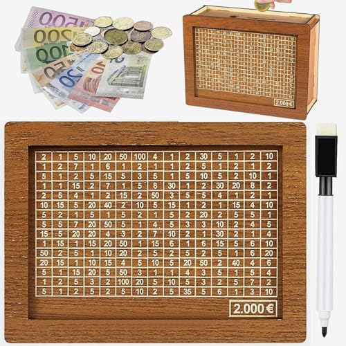 Spardose aus Holz, Retro Sparbüchse Aufbewahrungsbox, Sparbox, Spardose Kinder-Sparziel, Sparschwein mit Marker, Wiederverwendbare Spardose mit Sparziel und Zahlen zum ankreuzen (2000€)