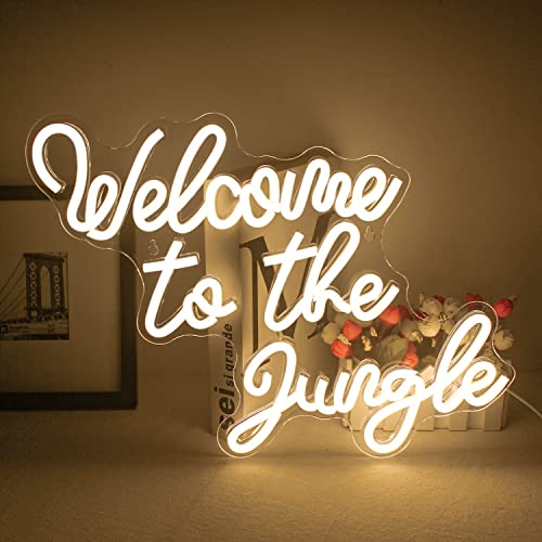 Welcome to the Jungle Leuchtreklame Weiß Neon Sign LED Schild Wort Neonlicht für Wand Deko USB Buchstabe Leuchtendes Schild für Garten Hauseingang Veranda Party Geschenk