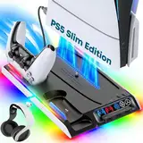 KDD PS5 Slim Standfuß mit 9 RGB Modi & PS5 Kühler für PS5 Slim Disc & Digital, PS5 Slim Ständer mit PS5 Lüfter & 3 USB Anschlüsse, PS5 Controller Ladestation für PS5 Slim Zubehör Support