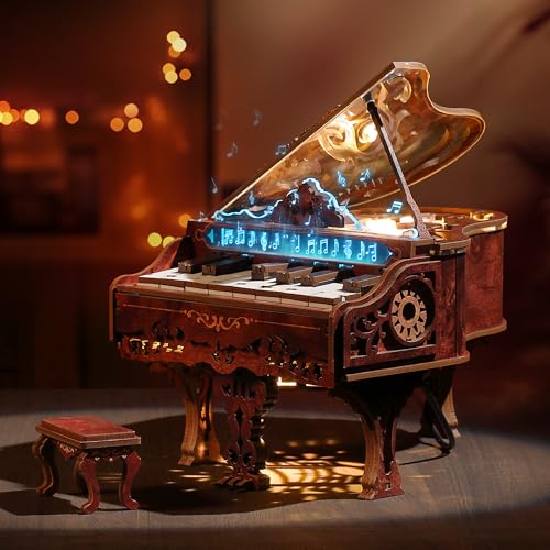 FUNPOLA LED 3D Holzpuzzle Klavier-Set, Spielbares Holzklavier-Modell mit LED-Lichtern, Interaktives Bastelset & Digitalpuzzle für Erwachsene und Kinder