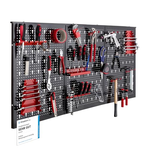Arebos Werkzeugwand 3-teilige Lochwand Werkstatt | 17-teiliges Hakenset & Halterungen | 117,6 x 59,5 x 2 cm | Werkzeuglochwand aus Metall für Werkstatteinrichtung inkl. Montagematerial | Rot