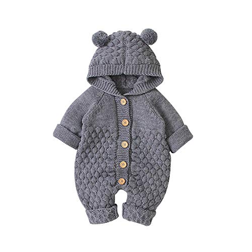 VICROAD Baby Strampler Gestrickter Overall Babykleidung Kapuze mit Süßen Ohren für Jungen Mädchen Neugeborene