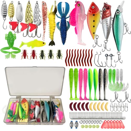 133 Stück Angelzubehör Set, inkl Angelköder Set Köderbox Angeln Angelset Fischer Zubehör kompakt tragbar, Für Angler an Fluss See Meer Umfangreiches Angelset mit praktischer Köderbox