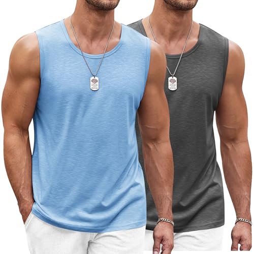 COOFANDY Herren Tank Top Ärmelloses Shirt Fitness Achselshirt Muskelshirt Schnelltrocknendes Gym Sleeveless Funktionsshirt Sport Laufshirt für Männer Dunkelgrau/Hellblau L